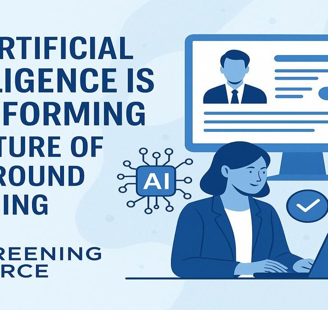 Artificial Intelligence transforming the future of background screening — a business professional using AI technology to analyze candidate data, verify identities, and improve hiring accuracy for The Screening Source.