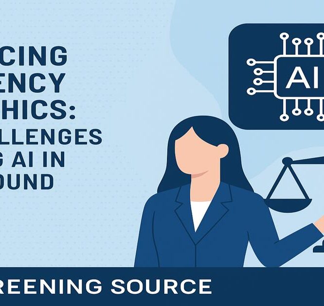 Business professional balancing AI technology and ethics in background checks — symbolizing fairness, compliance, and efficiency in AI-driven hiring for The Screening Source.