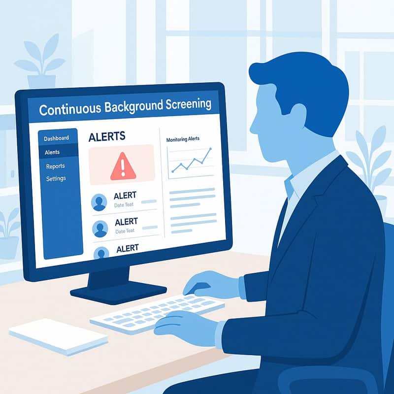 HR manager reviewing real-time continuous background screening alerts on a digital monitoring dashboard.