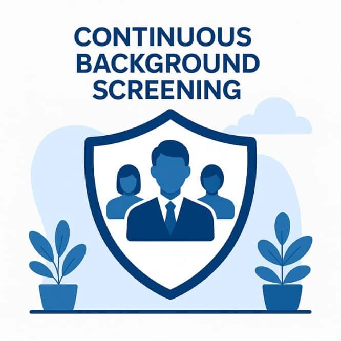 Shield icon surrounding employees symbolizing workplace safety and ongoing continuous background check monitoring.