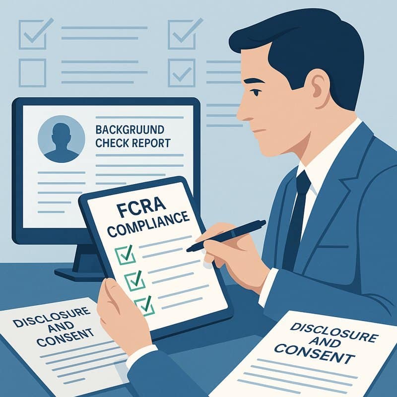 Digital compliance checklist dashboard for FCRA employment background checks with legal icons and checkmarks.
