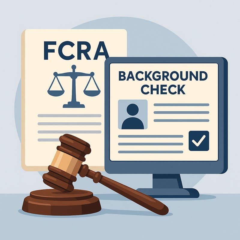 Court gavel beside digital employment background check report symbolizing lawful and FCRA-compliant screening.
