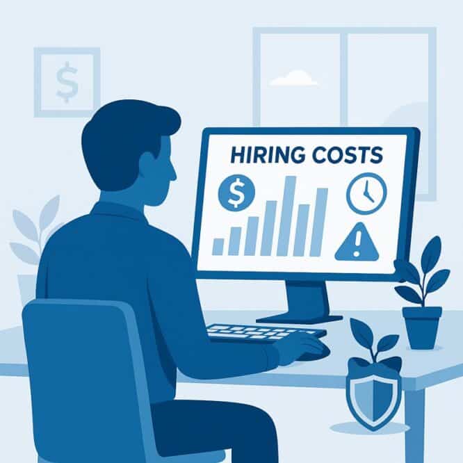 HR professional analyzing the hidden costs of bad hiring on a digital financial dashboard, illustrating how background screening saves money.