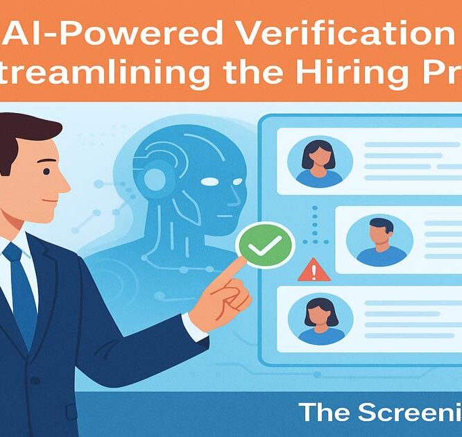 Business professional using AI-powered verification tools to review candidate profiles — illustrating how artificial intelligence streamlines background screening and hiring for The Screening Source.