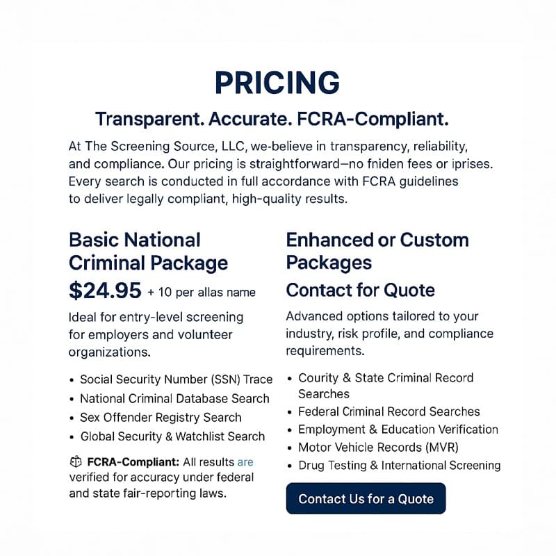 FCRA-Compliant Background Check Pricing – Starting at $24.95 | The Screening Source, LLC