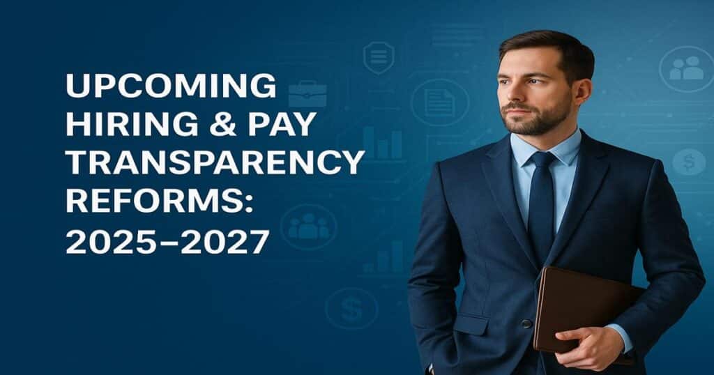 Business professional reviewing compliance documents on digital screen, symbolizing upcoming hiring and pay transparency reforms from 2025 to 2027 for employers — The Screening Source.