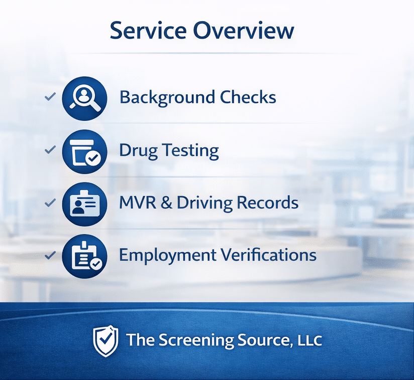 Employment screening service overview including background checks, drug testing, driving records, and employment verifications for small employers.