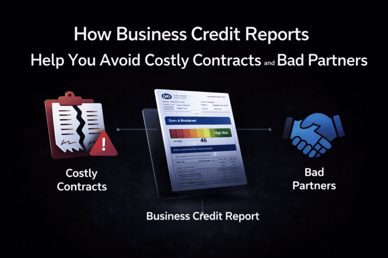 Business credit report graphic explaining how to avoid costly contracts and bad partners using business credit screening.