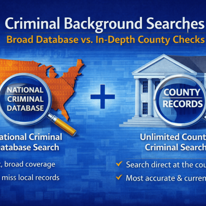 Comparison chart showing the differences between a National Criminal Database search and an Unlimited County Criminal search used in employment background screening.